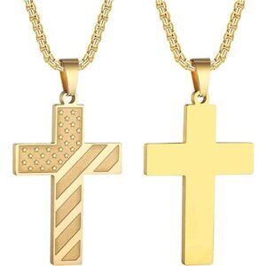 GOLD American Flag Cross Necklace for Men Stainless Steel Box Chain 22+2 inch NW